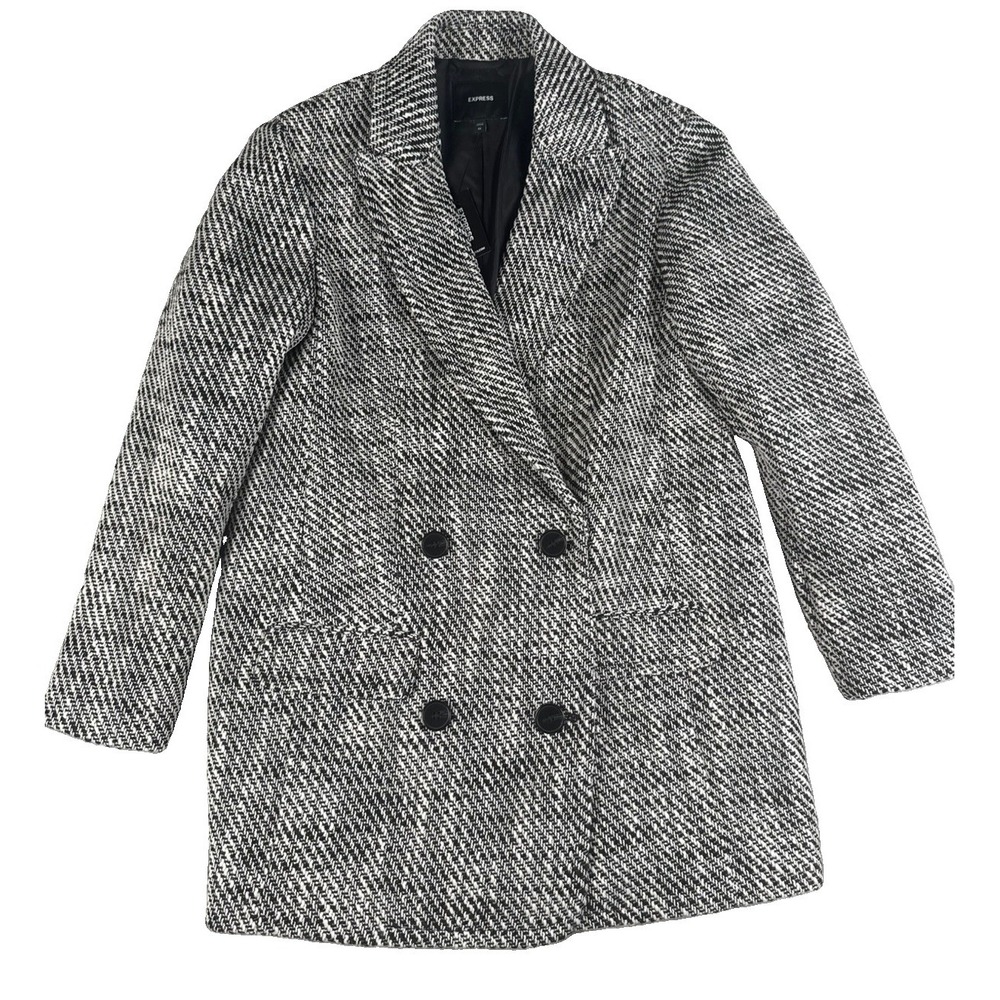 Express Womens XS Double Breasted Tweed Coat Black White NWT $198
